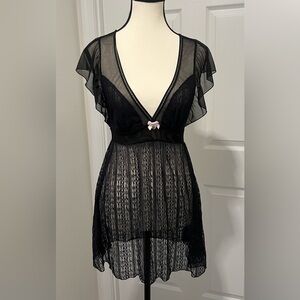 New WOT Betsey Johnson Black Lace Chemise with Pink Bow